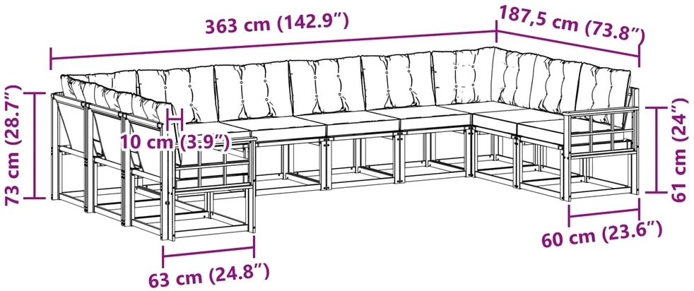 Lauko sofos komplektas 10 vnt. 10 vietos Balta ir juoda