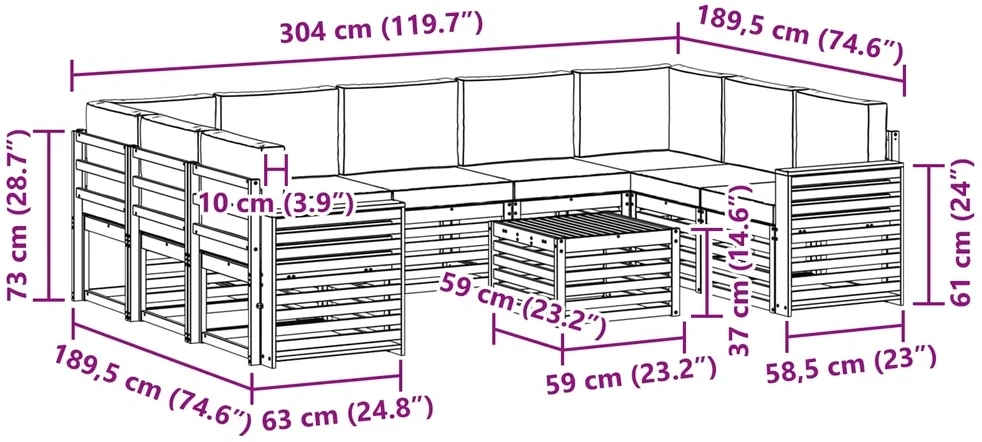 Lauko sofos komplektas 10 vnt. 9 vietos Natūralus ir antracitas