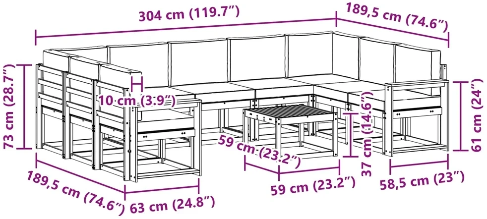 Lauko sofos komplektas 10 vnt. 9 vietos Natūralus ir bežinis