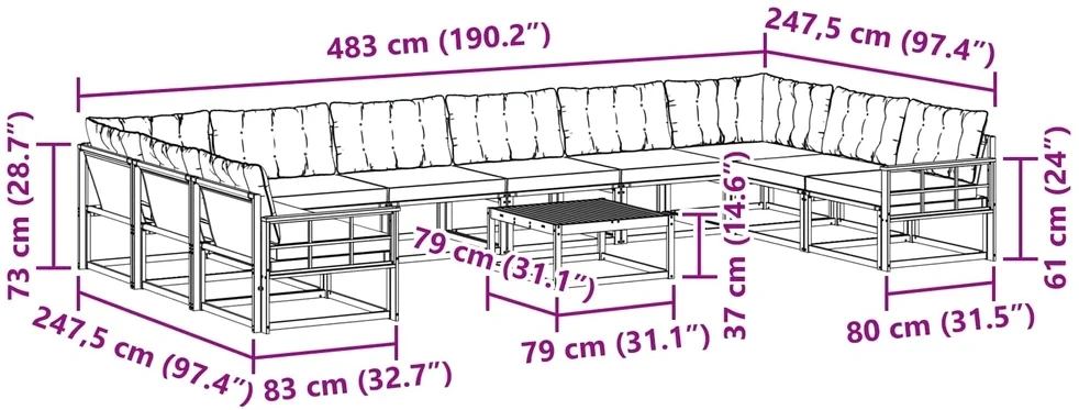 Lauko sofos komplektas 11 vnt. 10 vietos Balta ir juoda