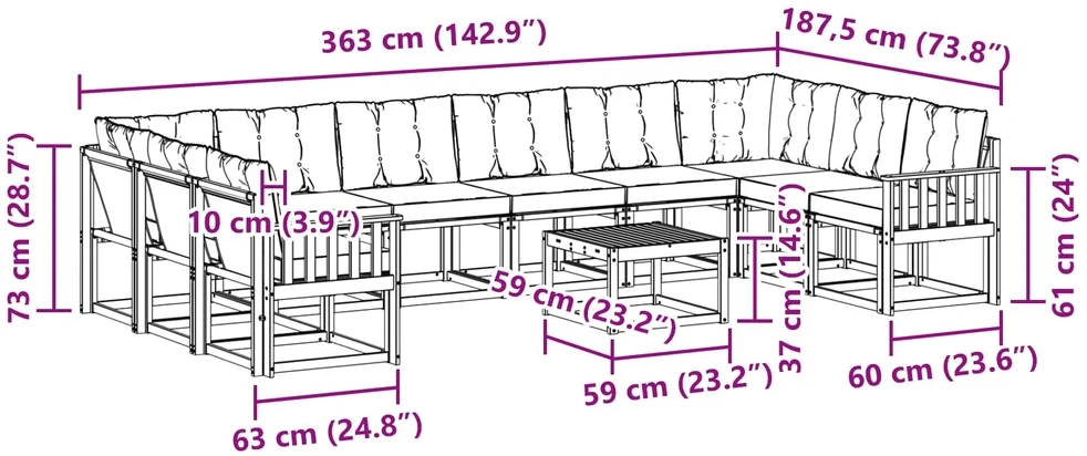 Lauko sofos komplektas 11 vnt. Natūrali ir juoda