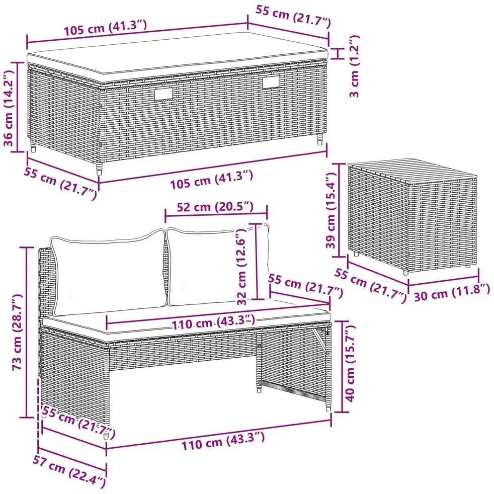 Lauko sofos komplektas 4 -Seater 4 vnt. 55 x 30 x 39 cm
