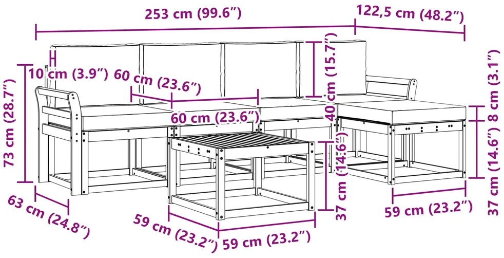 Lauko sofos komplektas 6 vnt. 5 vietos Balta ir šviesiai pilka