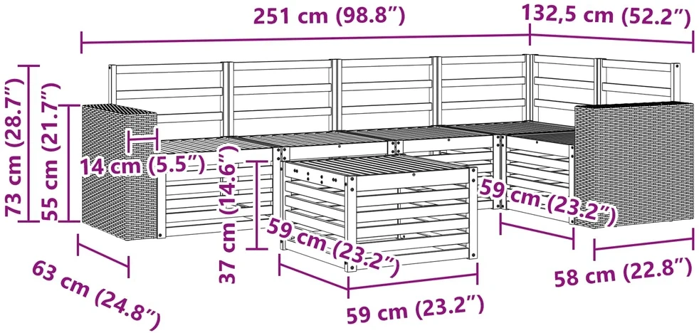 Lauko sofos komplektas 6 vnt. 5 vietos Natūrali