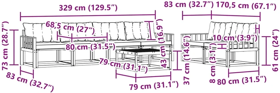 Lauko sofos komplektas 7 vnt. 6 vietos Balta ir šviesiai pilka