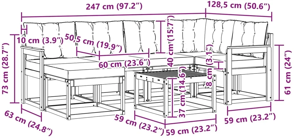 Lauko sofos komplektas 7 vnt. 6 vietos Balta ir šviesiai pilka