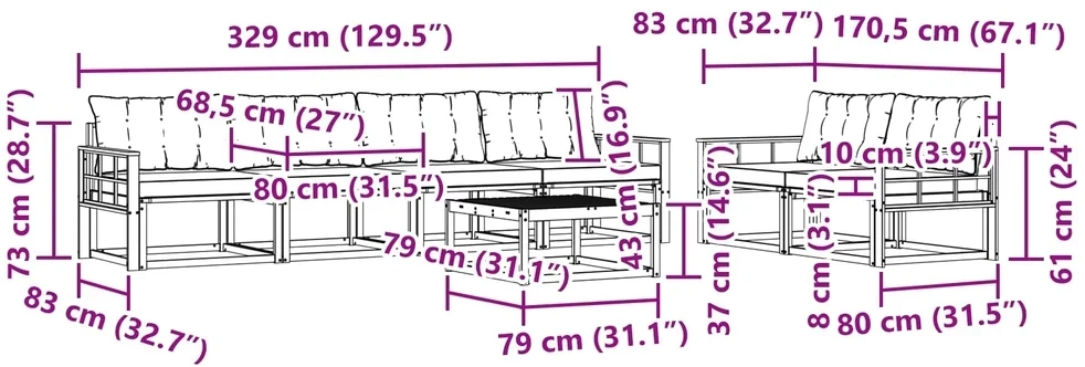 Lauko sofos komplektas 7 vnt. 6 vietos Balta ir šviesiai pilka