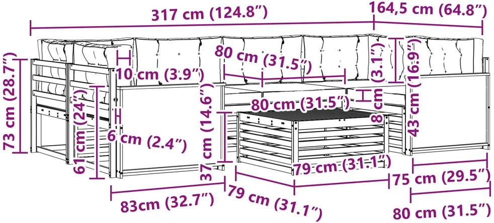Lauko sofos komplektas 7 vnt. Natūrali ir šviesiai pilka