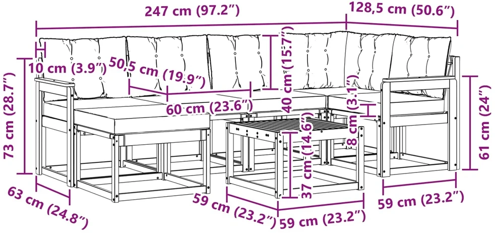 Lauko sofos komplektas 7 vnt. 6 vietos Natūralus ir grietinėlė