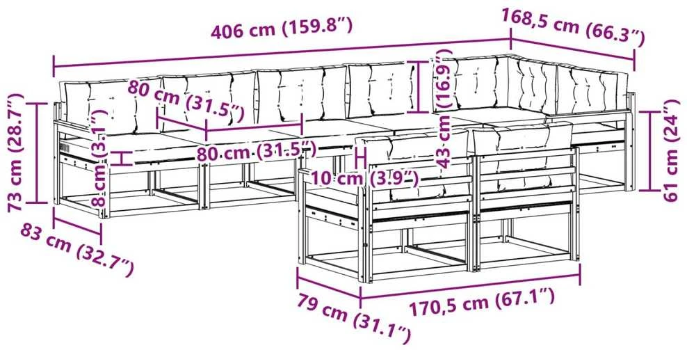 Lauko sofos komplektas 8 vnt. Natūrali ir šviesiai pilka