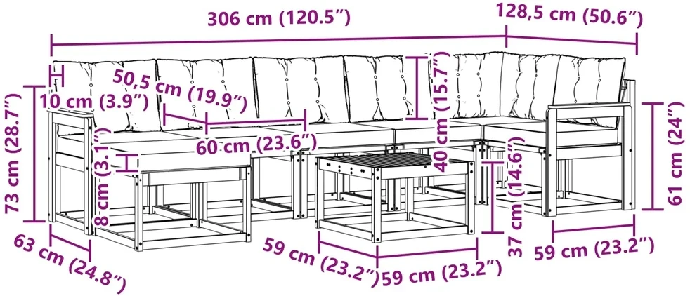 Lauko sofos komplektas 8 vnt. 7 vietos Balta ir kreminė