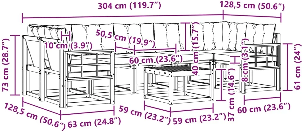 Lauko sofos komplektas 8 vnt. 7 vietos Balta ir šviesiai pilka