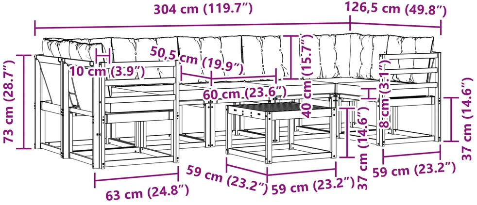 Lauko sofos komplektas 8 vnt. Natūrali ir juoda