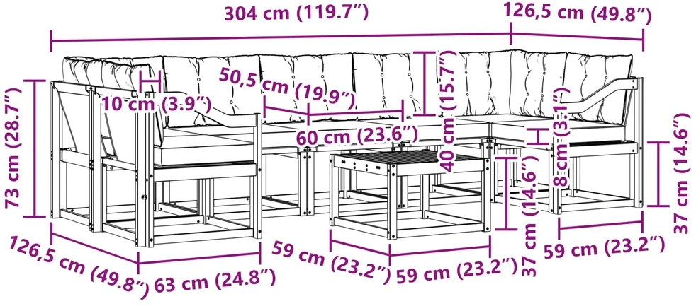 Lauko sofos komplektas 8 vnt. Natūrali ir šviesiai pilka