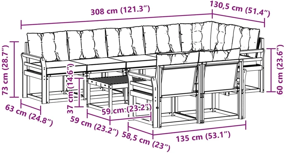 Lauko sofos komplektas 9 vnt. 8 vietos Balta ir juoda