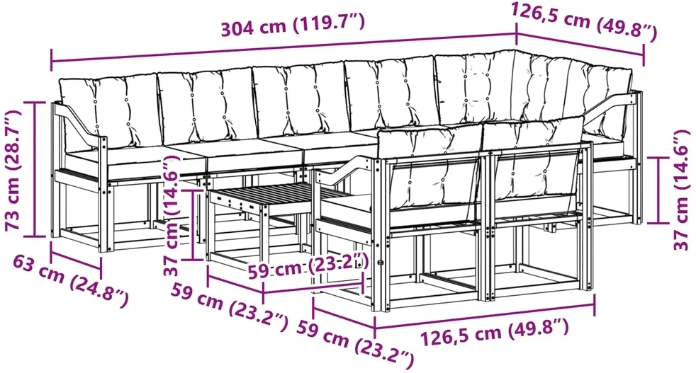 Lauko sofos komplektas 9 vnt. 8 vietos Balta ir kreminė