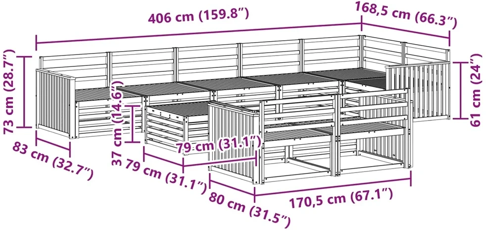 Lauko sofos komplektas 9 vnt. 8 vietos Natūrali