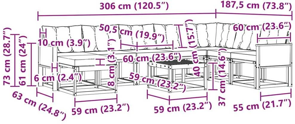 Lauko sofos komplektas 9 vnt. Natūrali ir juoda