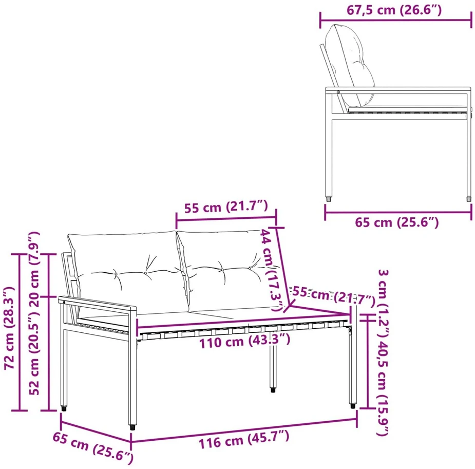 Lauko suolas 2 -Seater 116 x 67,5 x 72 cm poliratanas