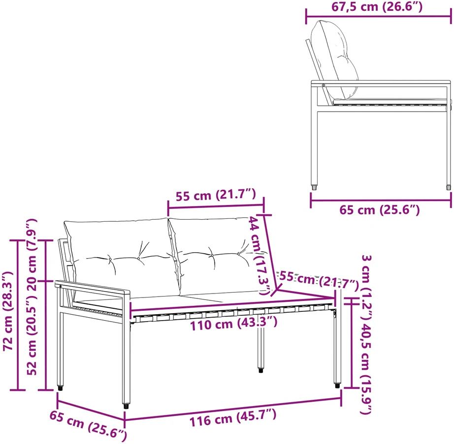Lauko suolas 2 -Seater 116 x 67,5 x 72 cm poliratanas