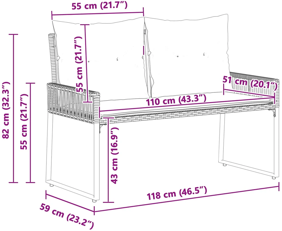 Lauko suolas 2 -Seater 4 vnt. 110 x 59 x 82 cm poliratanas