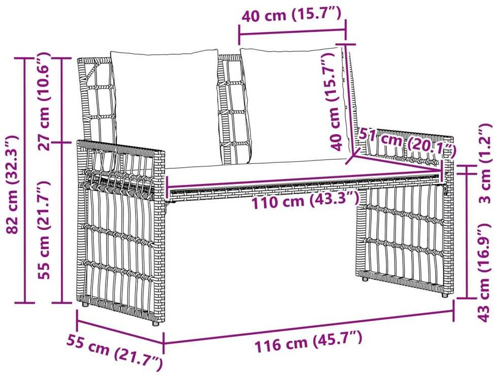 Lauko suolas 2 -Seater 116 x 55 x 82 cm Plienas ir poli ratanas