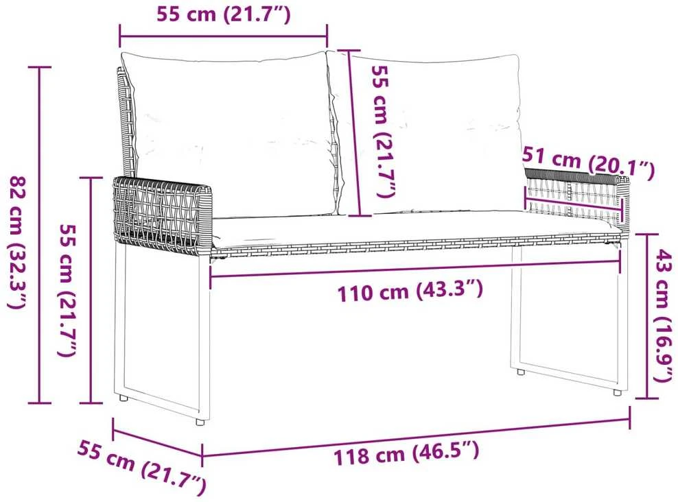 Lauko baldų komplektas Lauko suolas su pagalve Juoda ir kreminė balta 118 x 55 x 82 cm