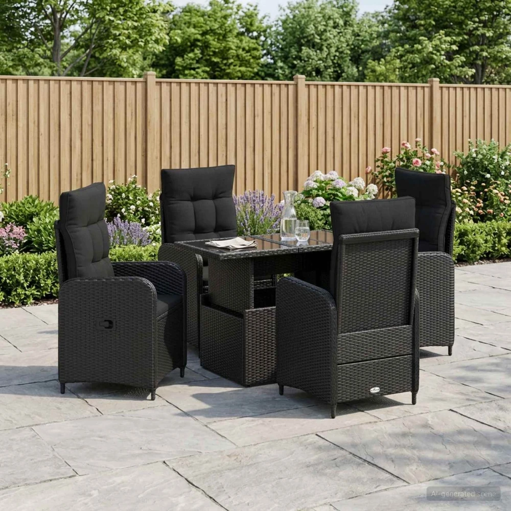 Lauko valgomojo komplektas 5 vnt. Juoda poliratanas