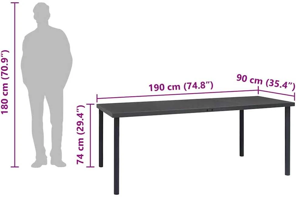 Lauko valgomojo stalas, antracito, 190x90x74cm, plienas