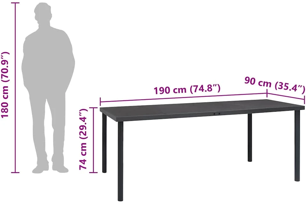 Lauko valgomojo stalas, antracito, 190x90x74cm, plienas