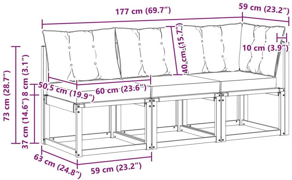 3 vnt. Lauko vidurinė ir kampinė sofa Natūrali