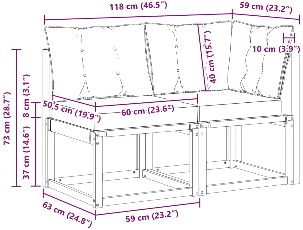 2 vnt. Lauko vidurinė ir kampinė sofa Balta