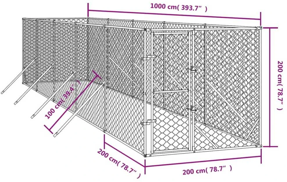 Lauko voljeras šunims, sidabrinis, 2x10x2m, plienas