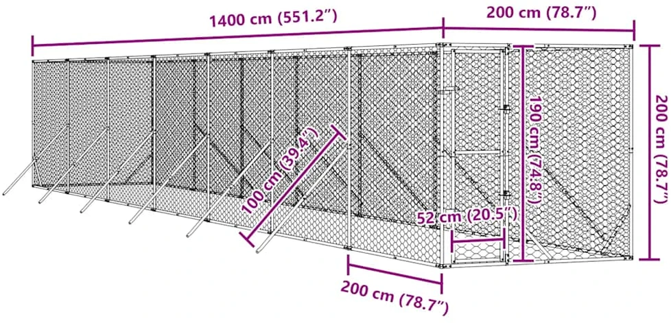 Lauko voljeras šunims, sidabrinis, 2x14x2m, plienas