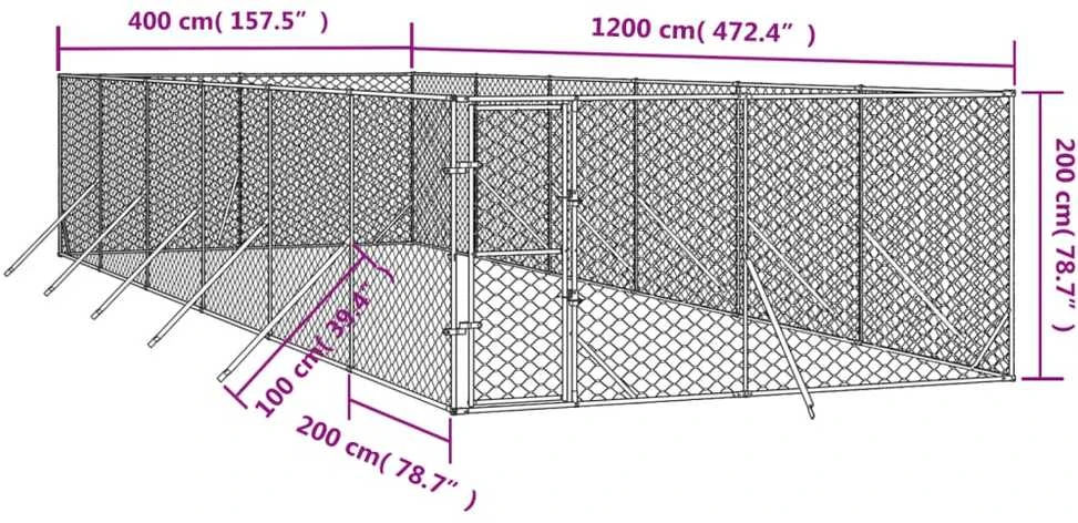 Lauko voljeras šunims, sidabrinis, 4x12x2m, plienas