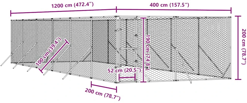 Lauko voljeras šunims, sidabrinis, 4x12x2m, plienas