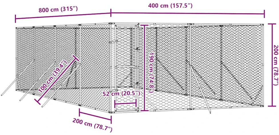 Lauko voljeras šunims, sidabrinis, 4x8x2m, plienas