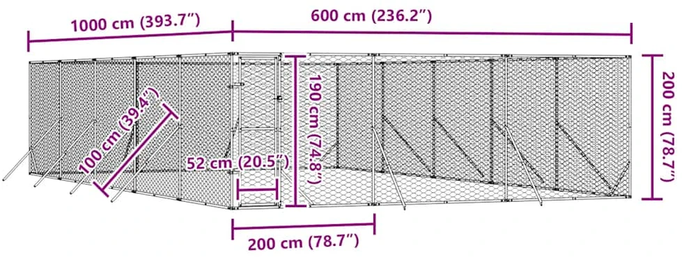 Lauko voljeras šunims, sidabrinis, 6x10x2m, plienas