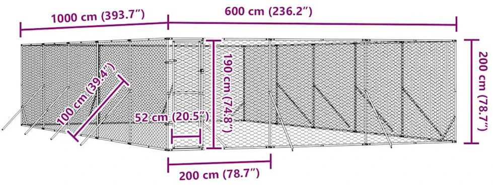 Lauko voljeras šunims, sidabrinis, 6x10x2m, plienas