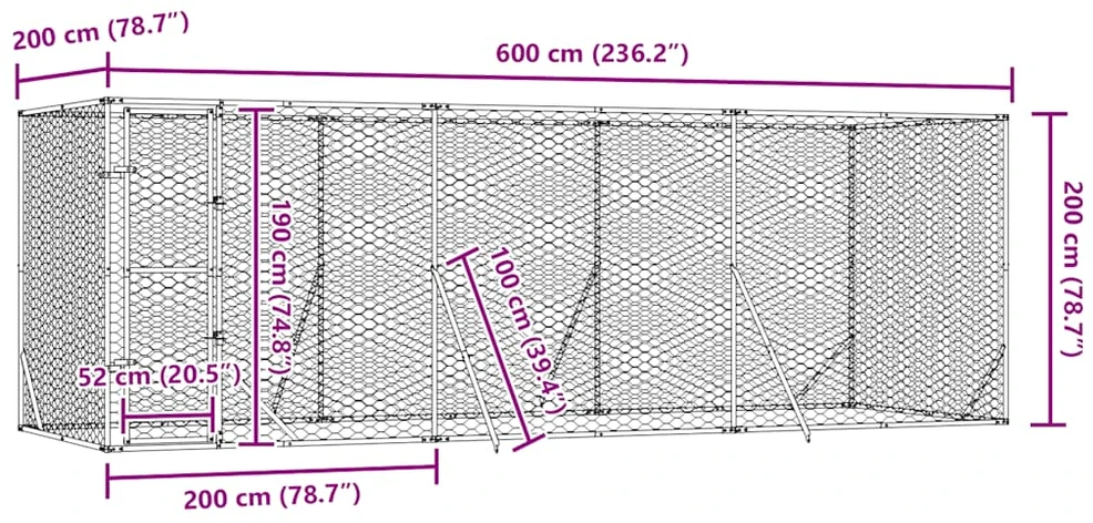 Lauko voljeras šunims, sidabrinis, 6x2x2m, plienas