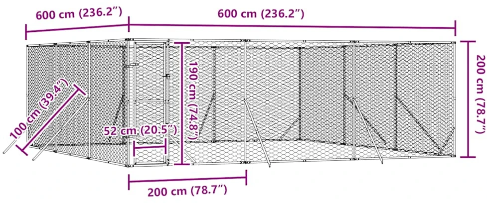 Lauko voljeras šunims, sidabrinis, 6x6x2m, plienas