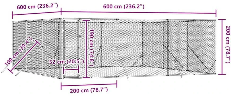 Lauko voljeras šunims, sidabrinis, 6x6x2m, plienas