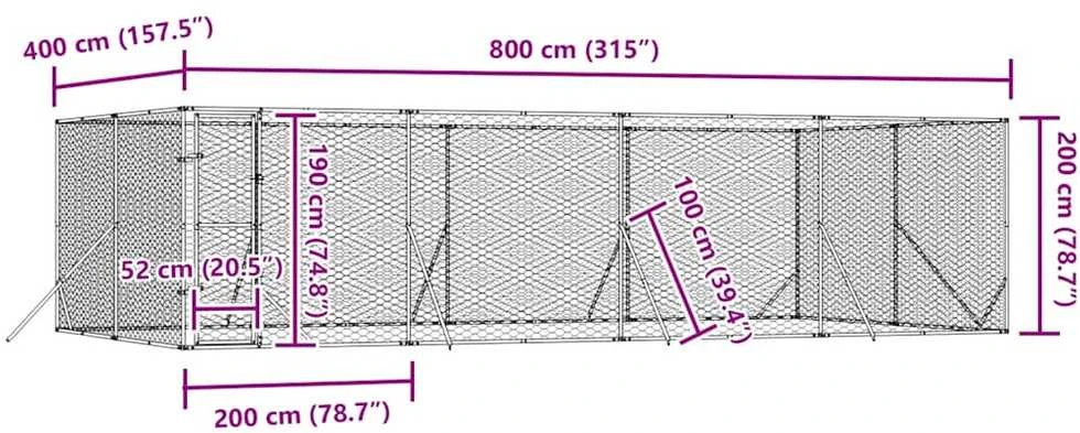 Lauko voljeras šunims, sidabrinis, 8x4x2m, plienas