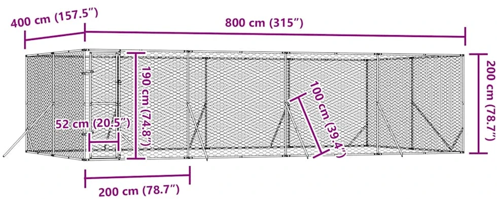 Lauko voljeras šunims, sidabrinis, 8x4x2m, plienas