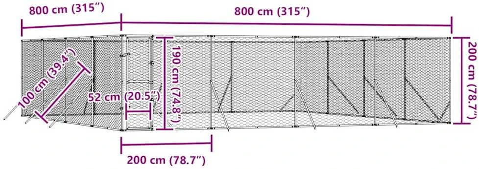 Lauko voljeras šunims, sidabrinis, 8x8x2m, plienas