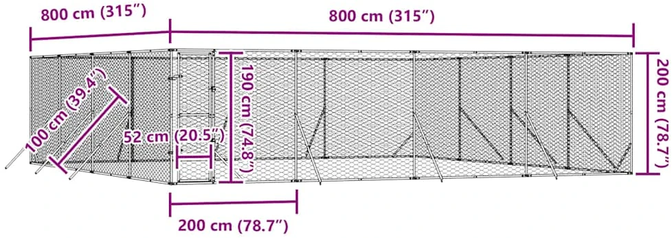 Lauko voljeras šunims, sidabrinis, 8x8x2m, plienas