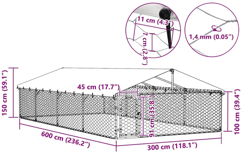Lauko voljeras šunims su stogu, 600x300x150cm