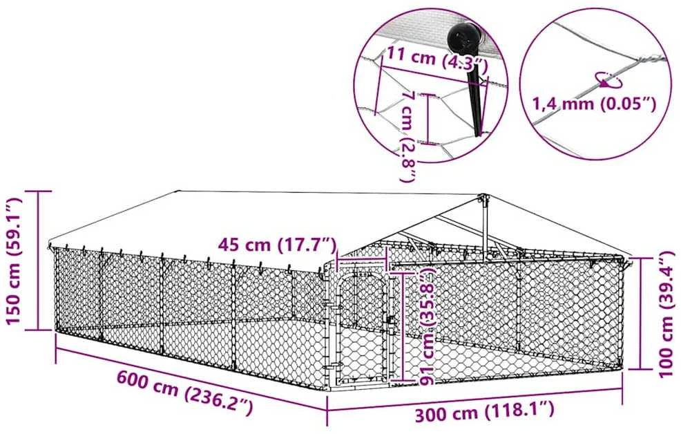 Lauko voljeras šunims su stogu, 600x300x150cm