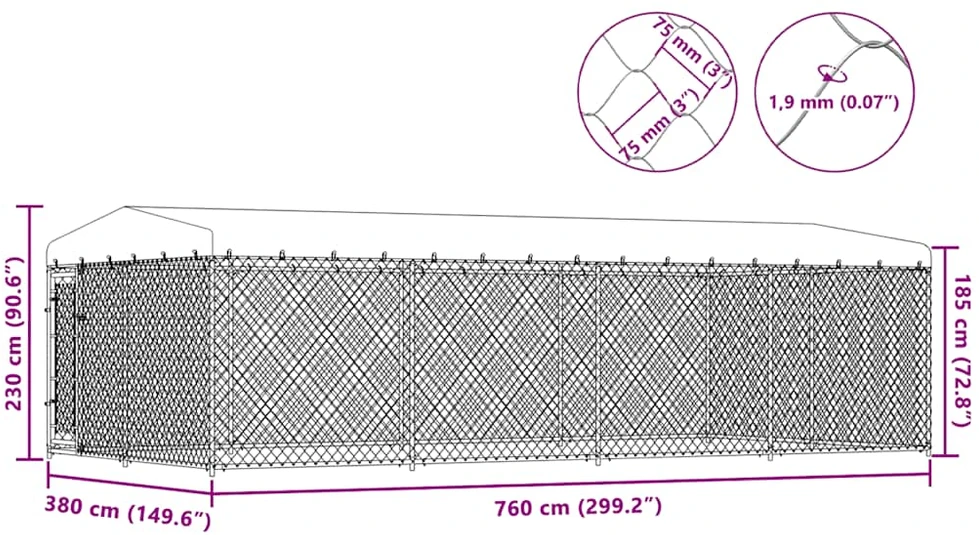 Lauko voljeras šunims su stogu, 7,6x3,8x2,3m