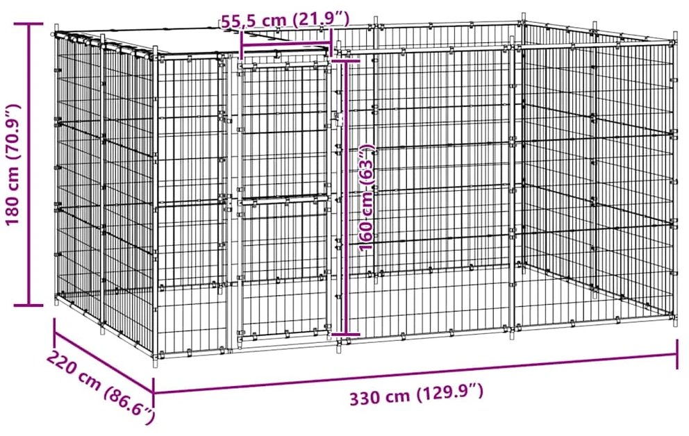 Lauko voljeras šunims su stogu, galvanizuotas plienas, 7,26m²